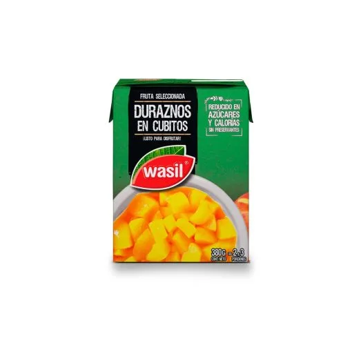 Duraznos En Cubitos Wasil, 380g Neto (200g Drenado)