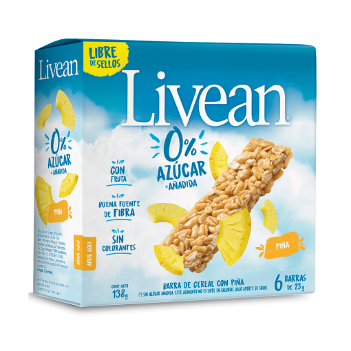 Barras De Cereal Con Piña 0% Azúcar Livean 23 Gr 6 Und