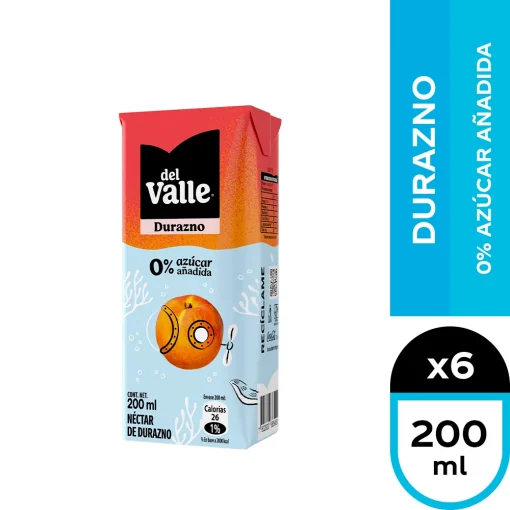 Néctar Del Valle Sabor Durazno 0% Azúcar, Pack 6 Unid. X 200cc.